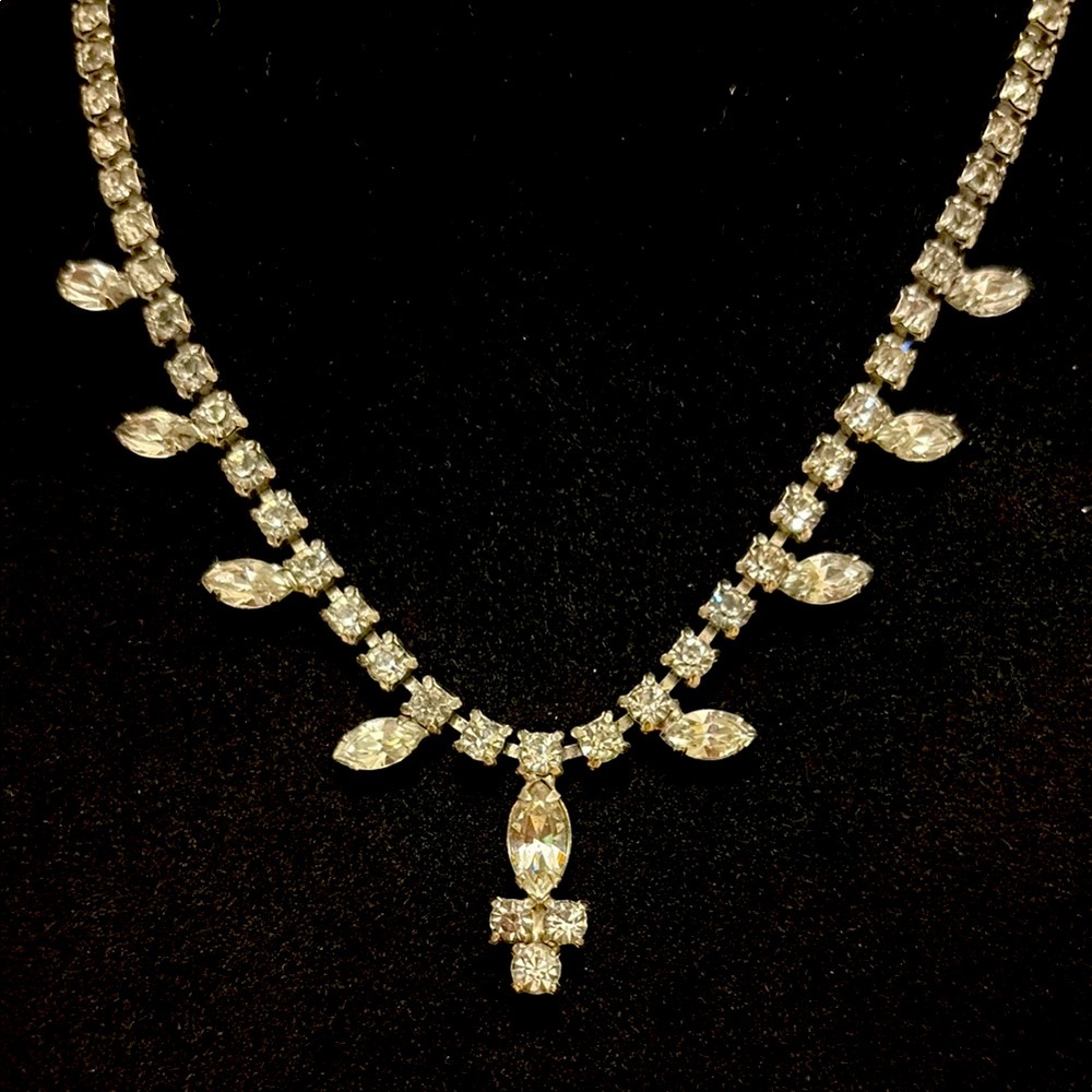 Vintage rhinestone necklace with marquee and brilliant cut stones in silver tone